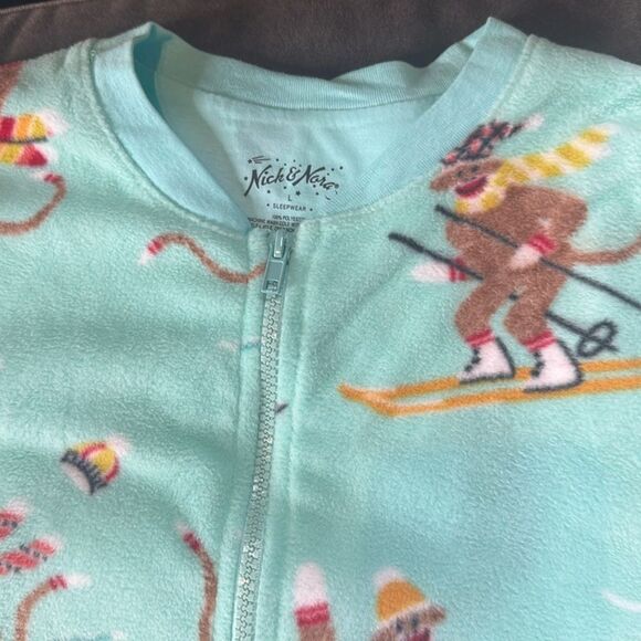 Nick & Nora Adult Teen Unisex Fleece One Piece Sock Monkeys Pajama Size L NWT - Picture 4 of 12